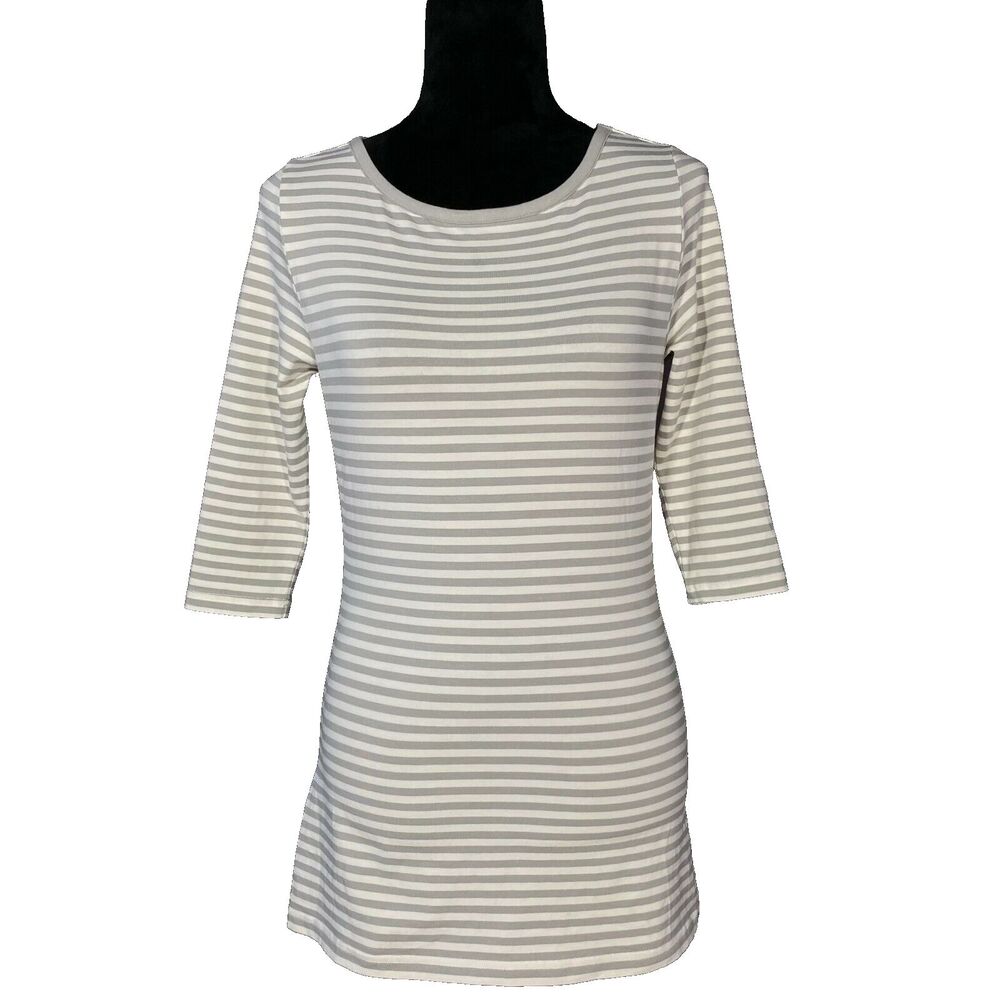 Matilda Jane Top XS White Gray‎ Stripe 3/4 Sl Tunic T Shirt Stretch Scoop Neck